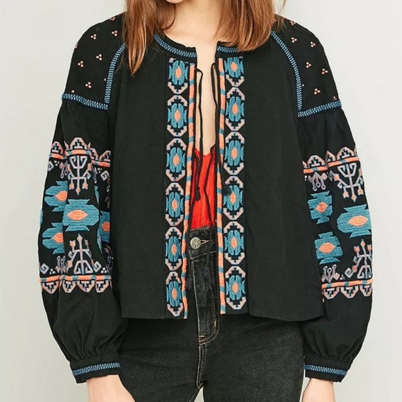 FREE PEOPLE Embroidered Swing Jacket (Black, blue & orange graphic) size Medium - Picture 4 of 15
